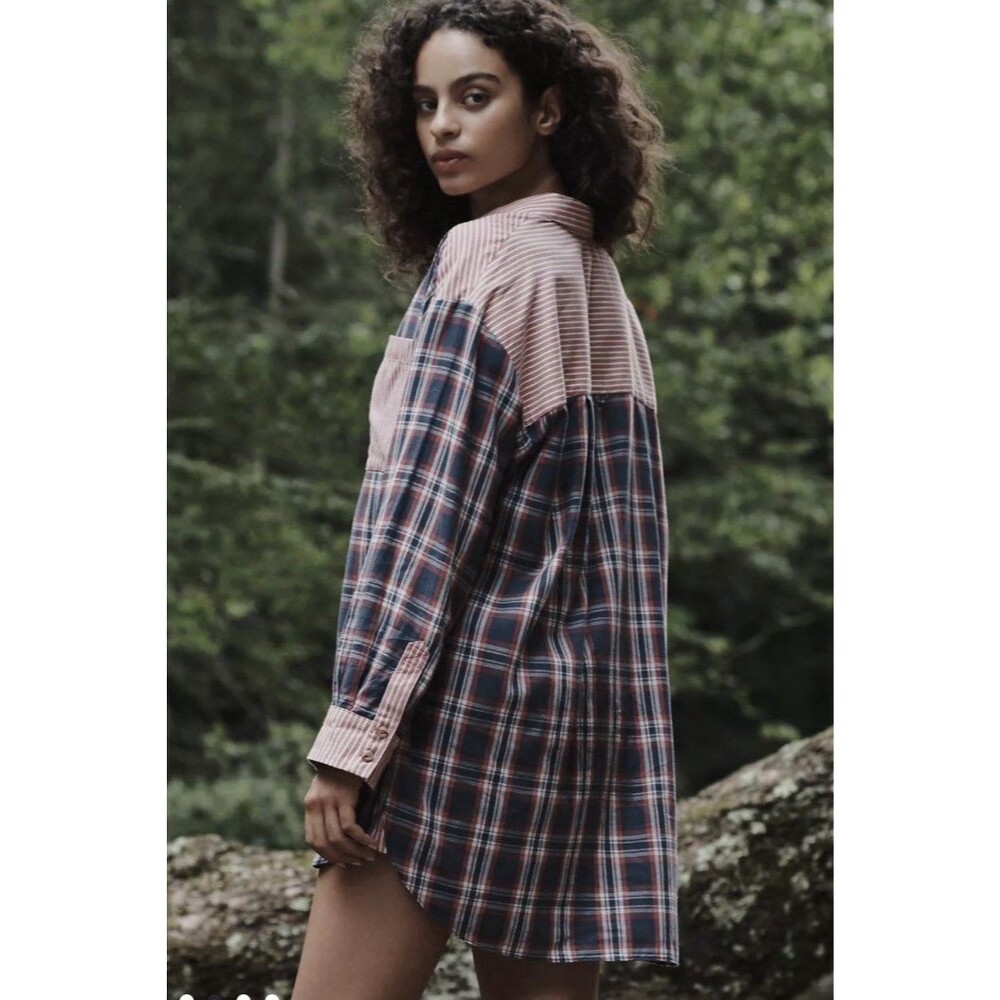 Anthropologie Womens Plaid Flannel Boyfriend Button Front Shirt Sz M 100% Cotton